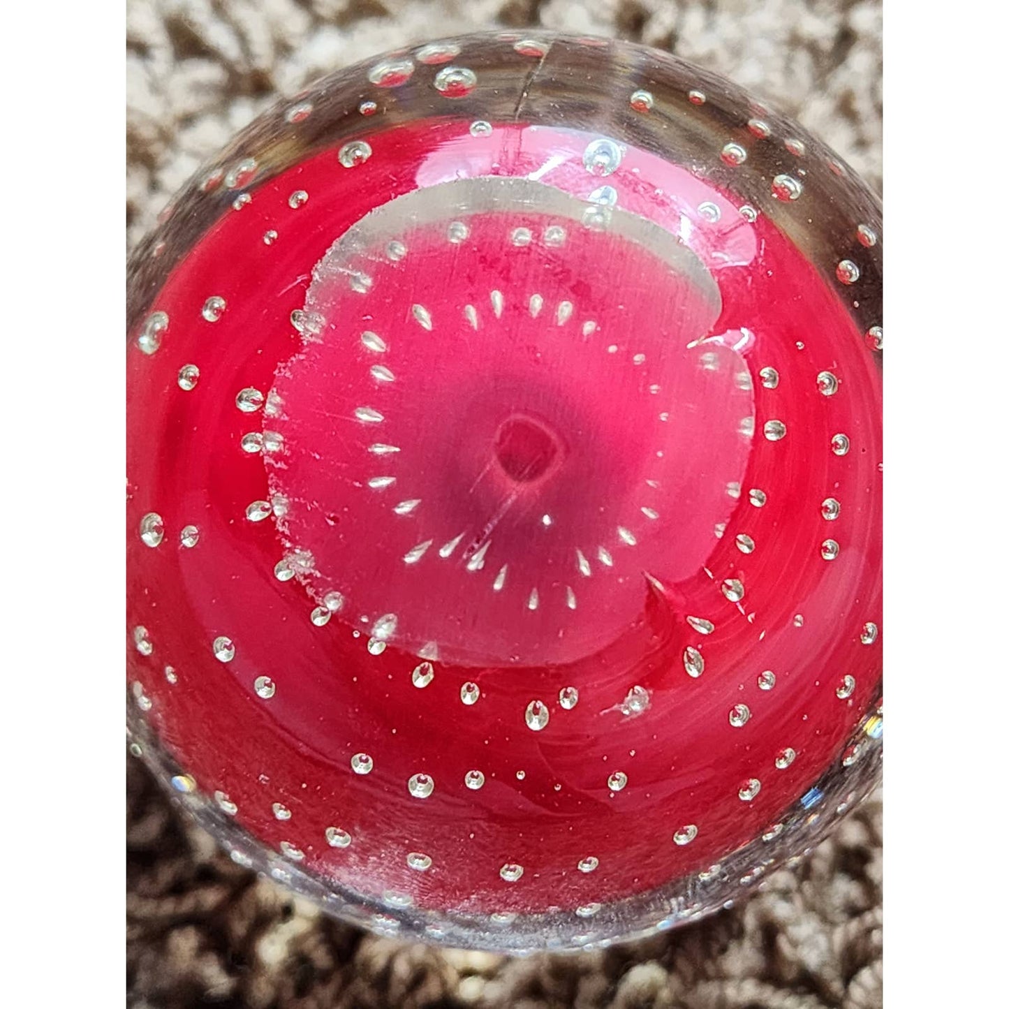 Paperweight Glass Vintage Art Glass Clear Red Bubble Design Controlled Bubble 2"