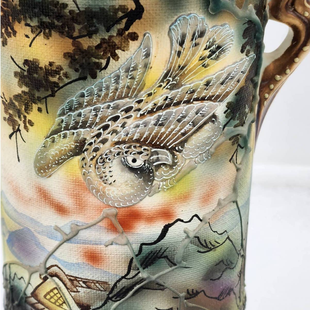 Antique Royal Nishiki Nippon Tapestry Moriage Bead Hawk Bird Vase Gold Gilding