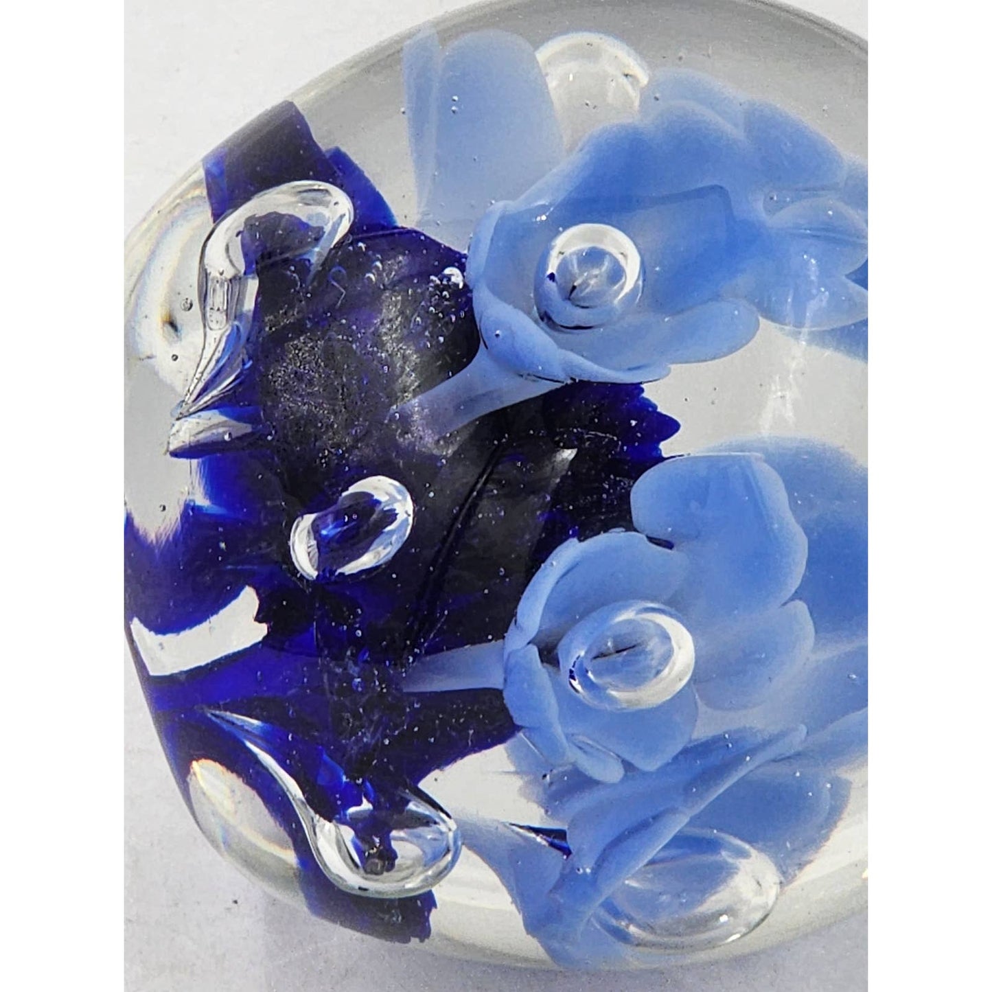 St Clair Paperweight Glass Vintage 1983 Art Glass Blue Floral Trumpet Flowers Signed Maude and Bob 3"