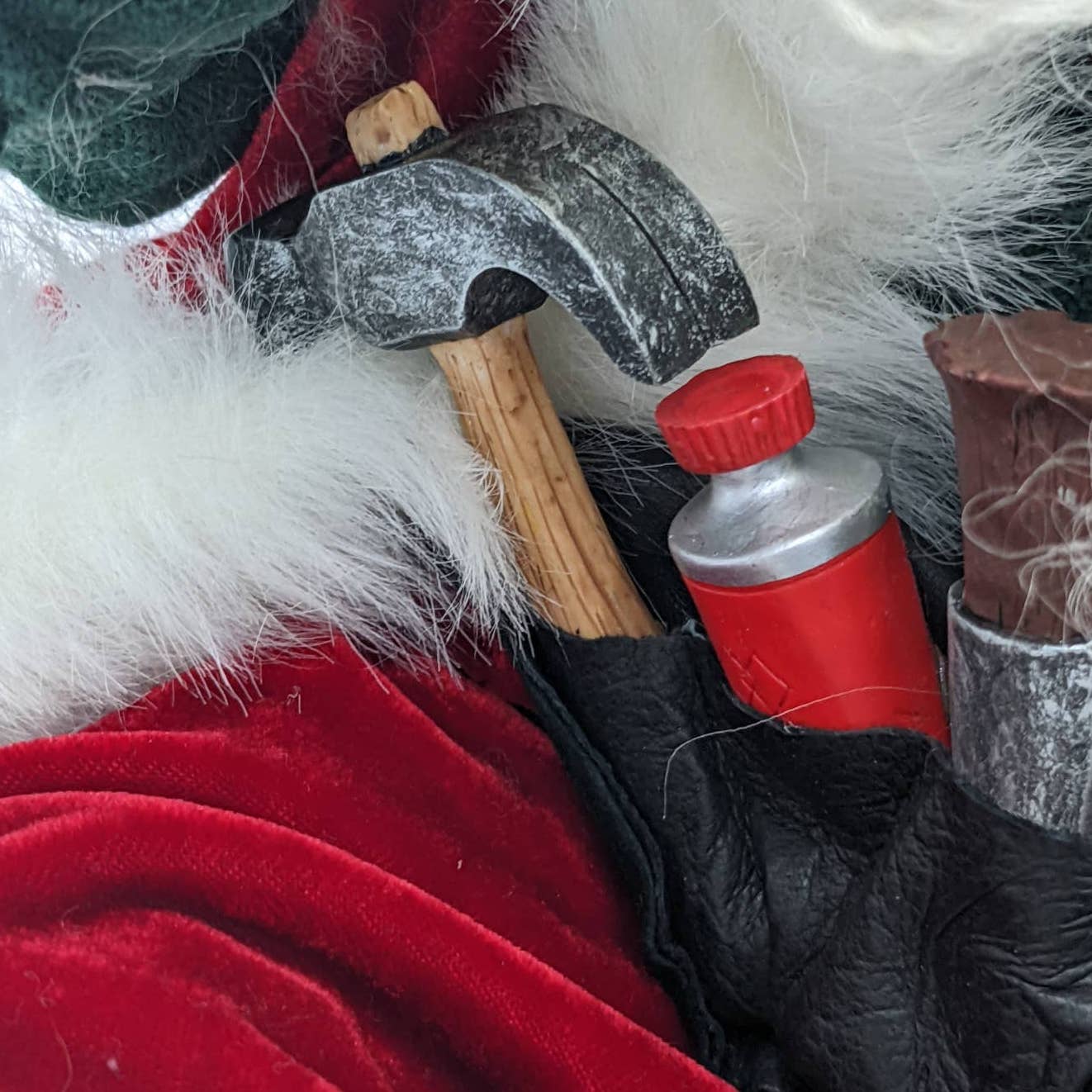 Vintage Seated Santa Claus Toymaker Wearing Tool Belt Christmas Decor 12"