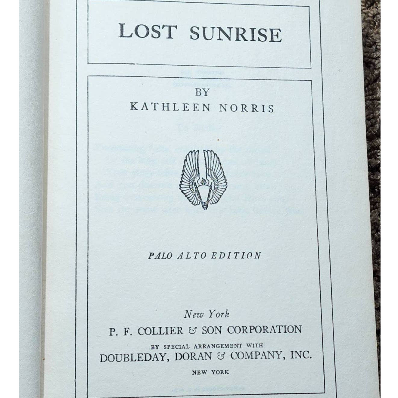 Lost Sunrise By Kathleen Norris, Palo Alto Edition, Vintage Novel Book 1939