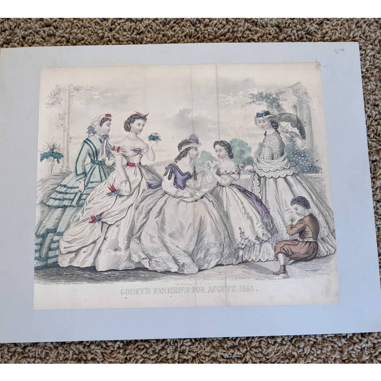 Antique Godey's Victorian Rare Hand Colored Fashion Book Plate Print August 1865