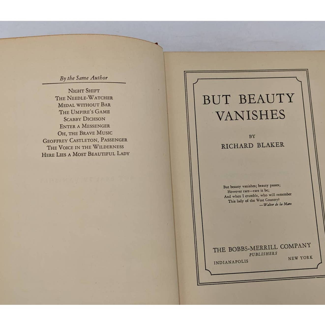 But Beauty Vanishes By Richard Blaker Vintage First Edition Book 1936