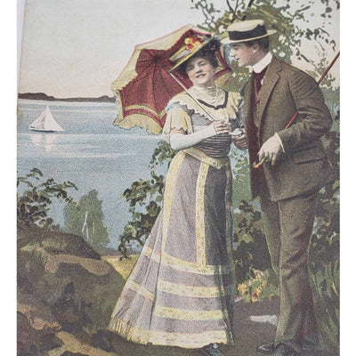 Early 1900s Romance Antique Postcard Stock Photo Couple Stroll Umbrella Romantic