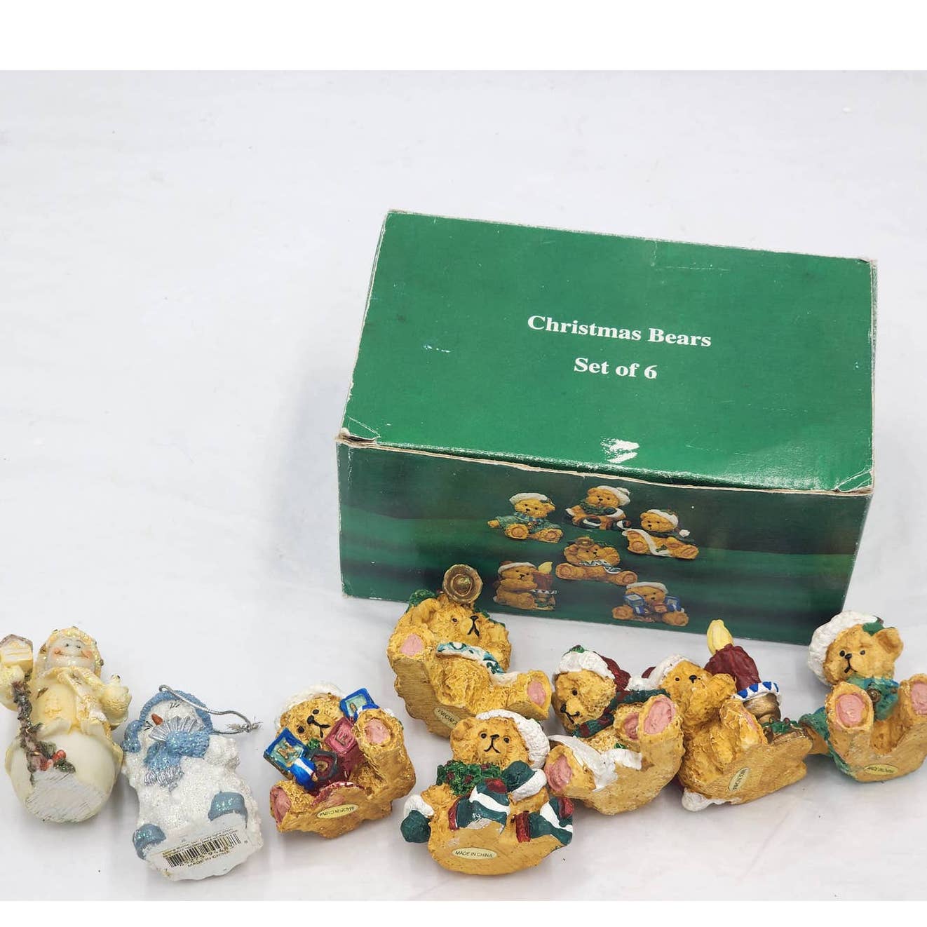 Vintage Christmas Bears And Snowman Ornaments Miniatures Set Of 6 Holiday Bears