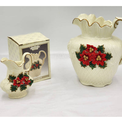 Crown Pitcher Poinsettia Pitcher Glazed Jade Christmas Set Of 2