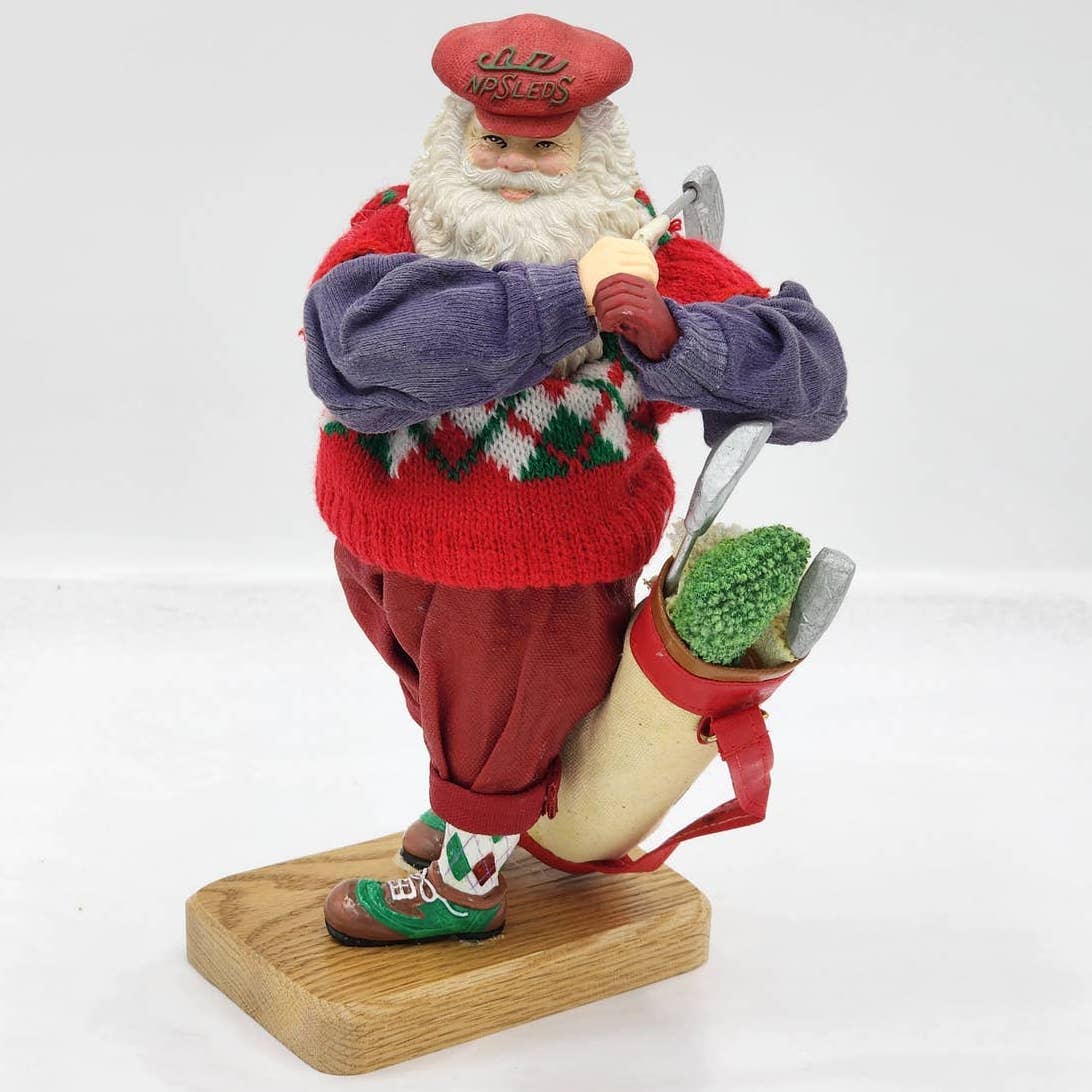 Golfing Santa Claus Kris Kringle Swinging Club Christmas Sweater Wood Base 10"