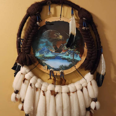 Large Native American Style Dream Catcher 47" Signed Feathers Wool Beaded Eagle