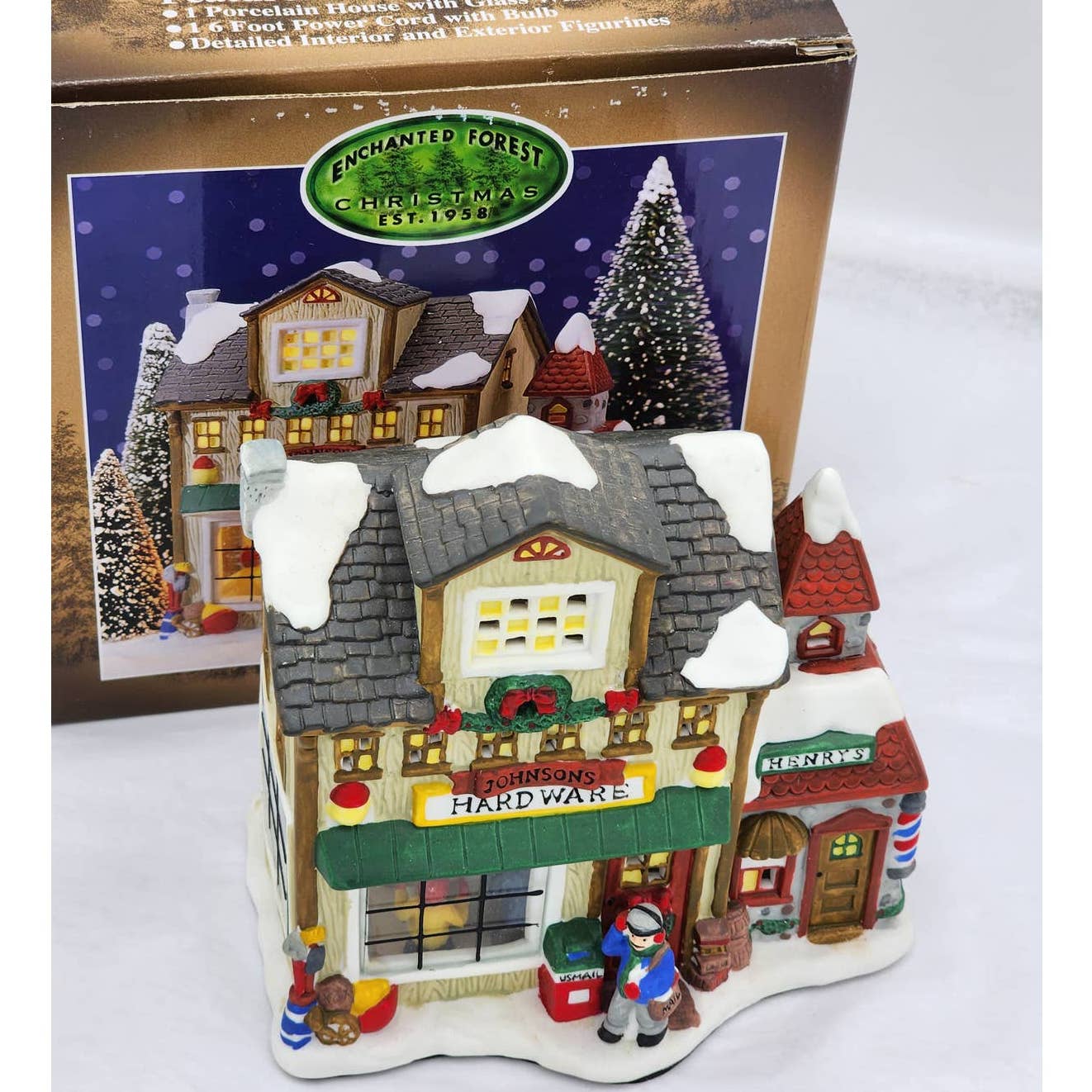 Christmas Village Enchanted Forest Porcelain Glass Window House Figurines Mail