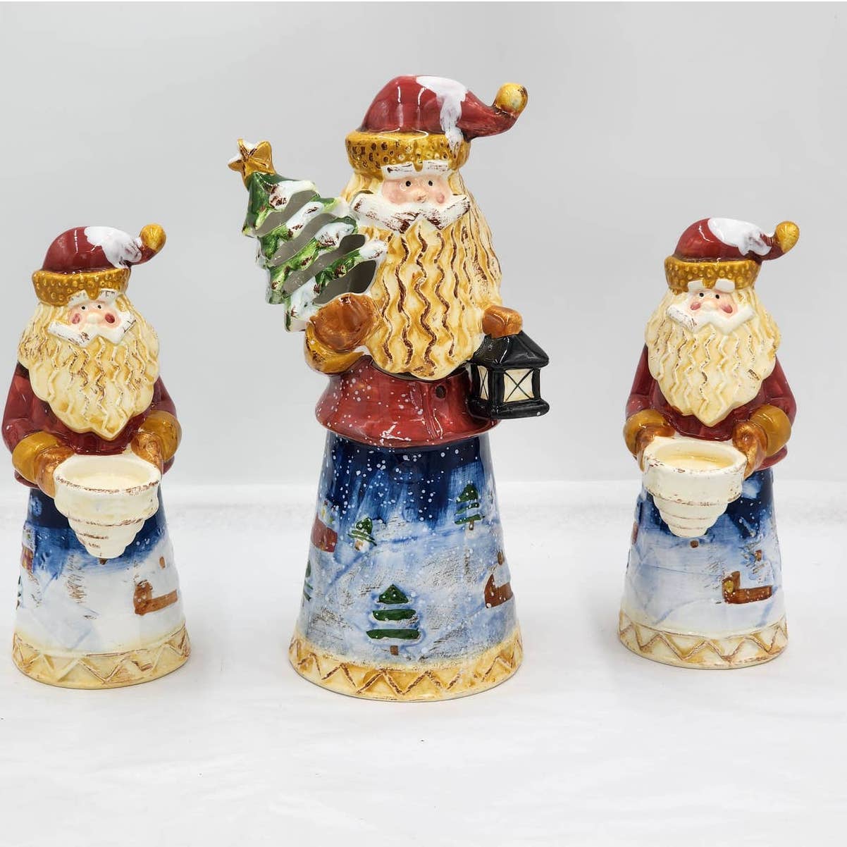 Santa Candle Holder Set Vintage Christmas Figurines Santa Holding Lantern Tree