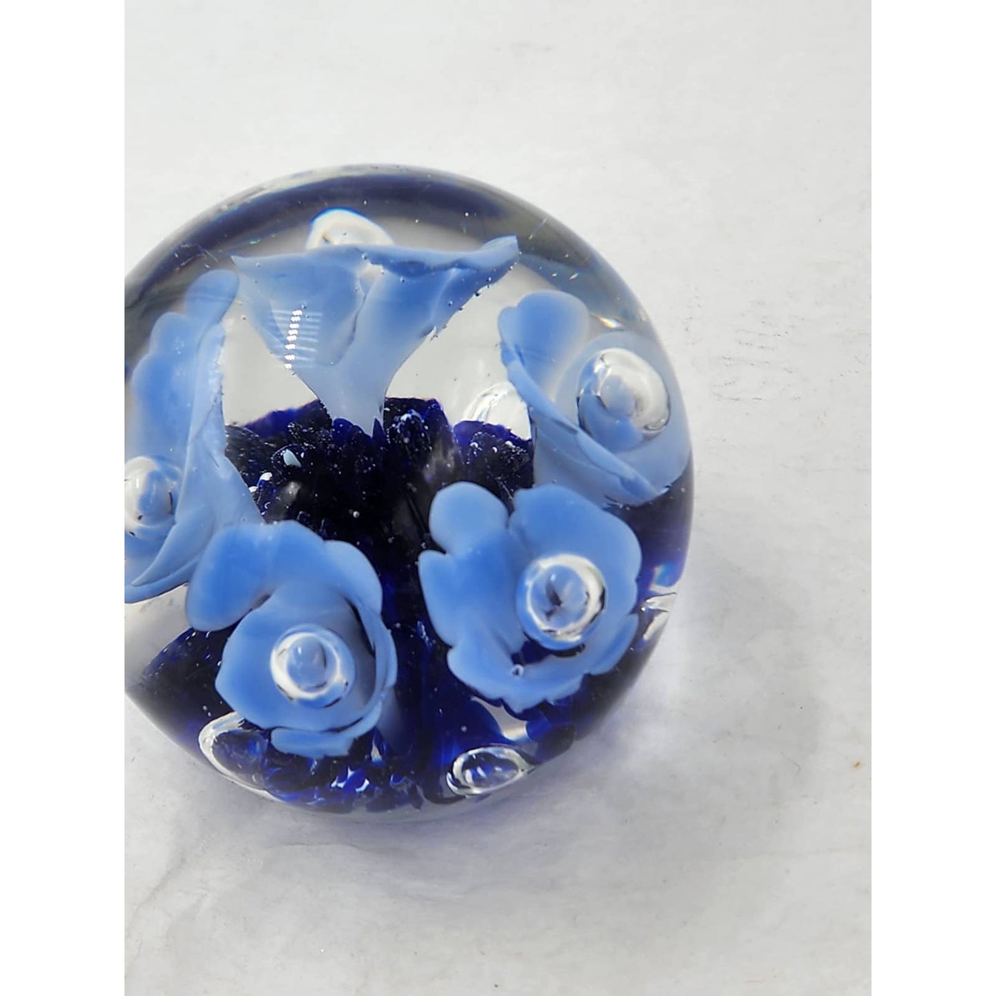 St Clair Paperweight Glass Vintage 1983 Art Glass Blue Floral Trumpet Flowers Signed Maude and Bob 3"