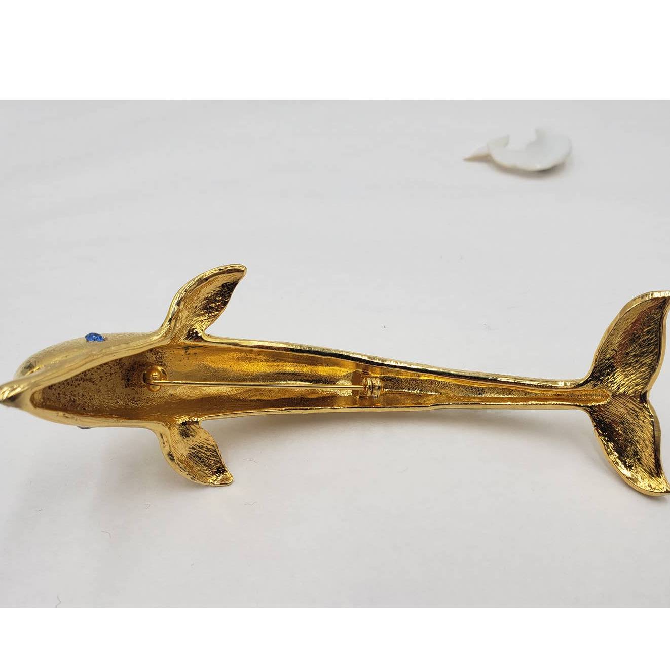 Vintage Large Dolphin Gold Jumping Sapphire Eyes Rhinestone Brooch and Whale Pin