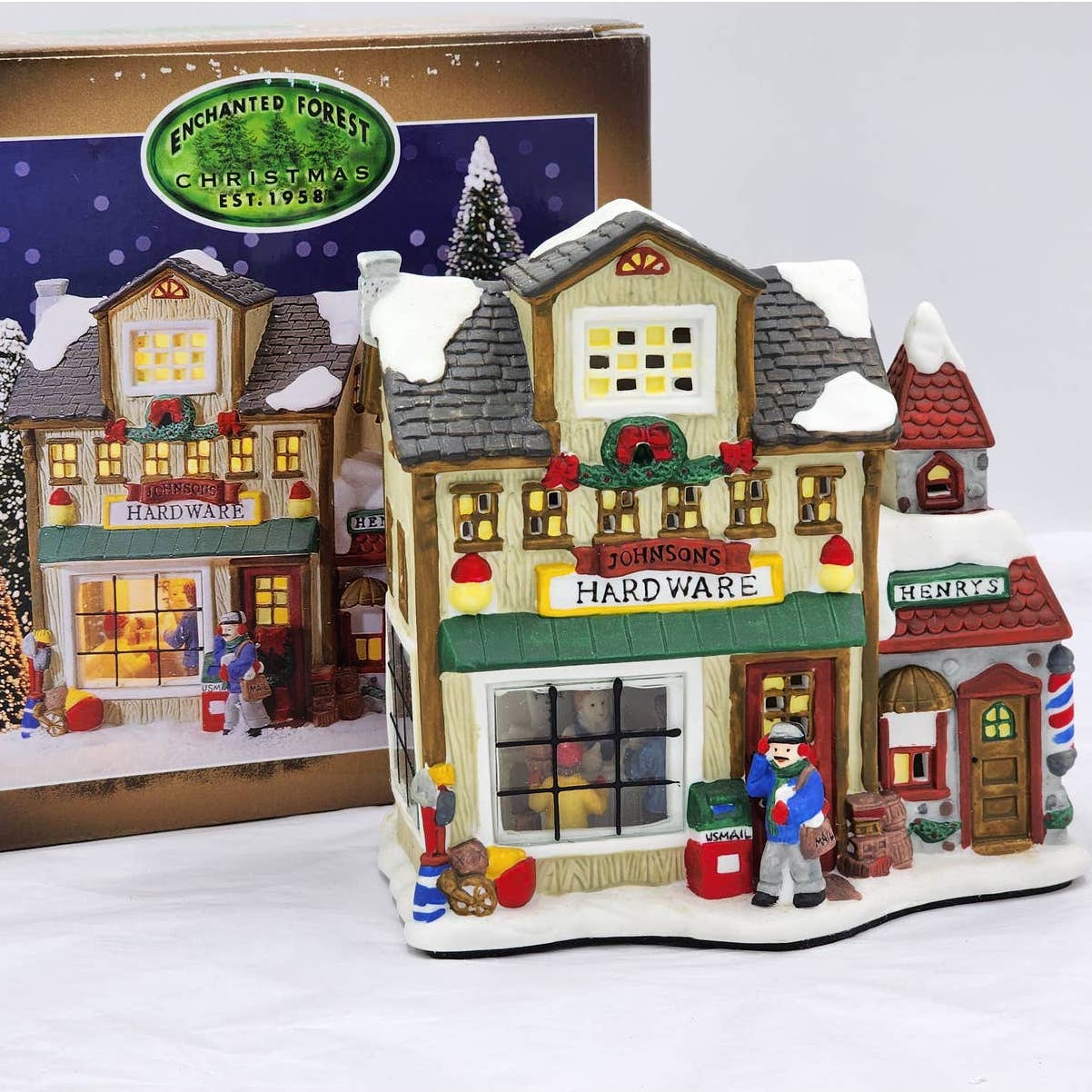 Christmas Village Enchanted Forest Porcelain Glass Window House Figurines Mail