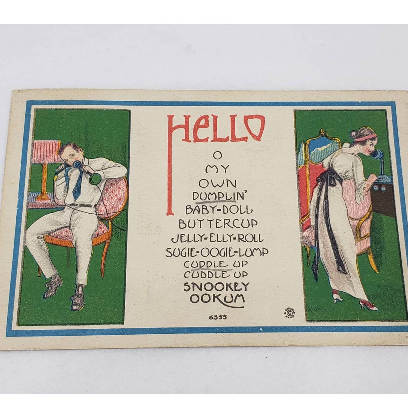 c1914 Hello My Dumplin 1920s Couple Phone Call Flirting Romance Antique Postcard