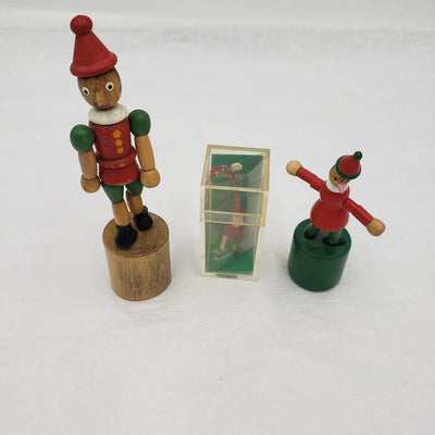 VTG Pinocchio Lot of 3 W/2 Wooden Pinocchio Collapsible Push Thumb and Ornament