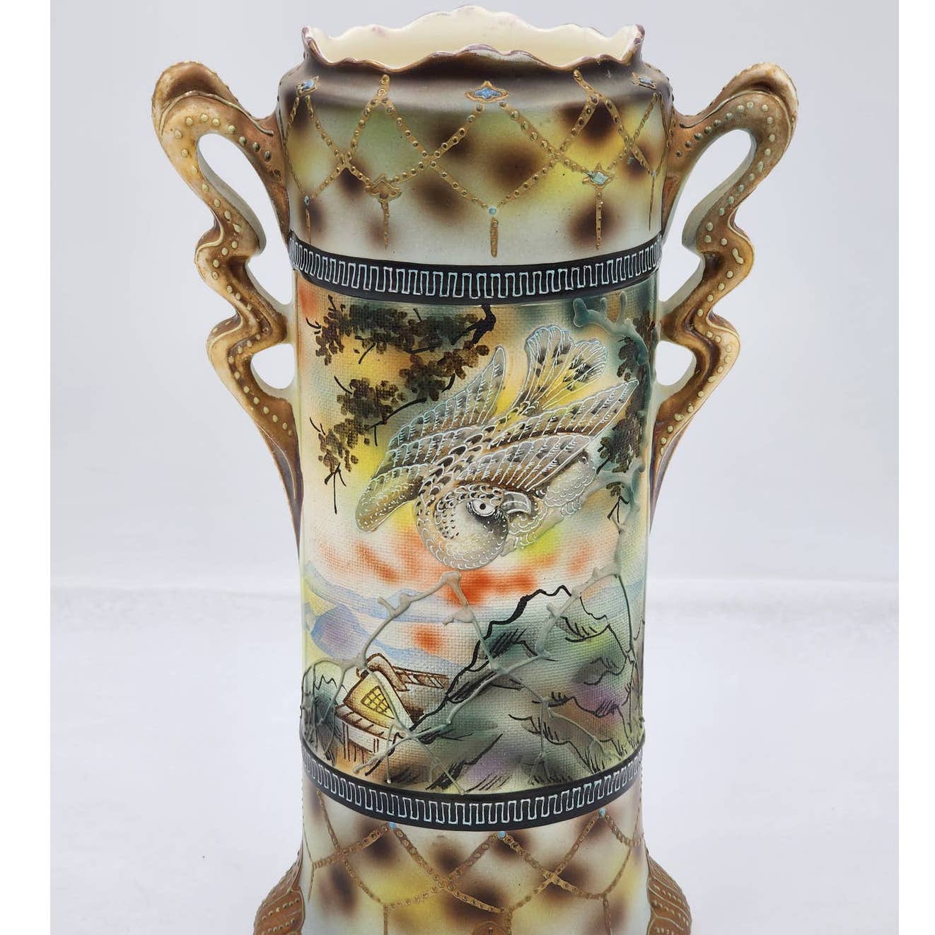 Antique Royal Nishiki Nippon Tapestry Moriage Bead Hawk Bird Vase Gold Gilding