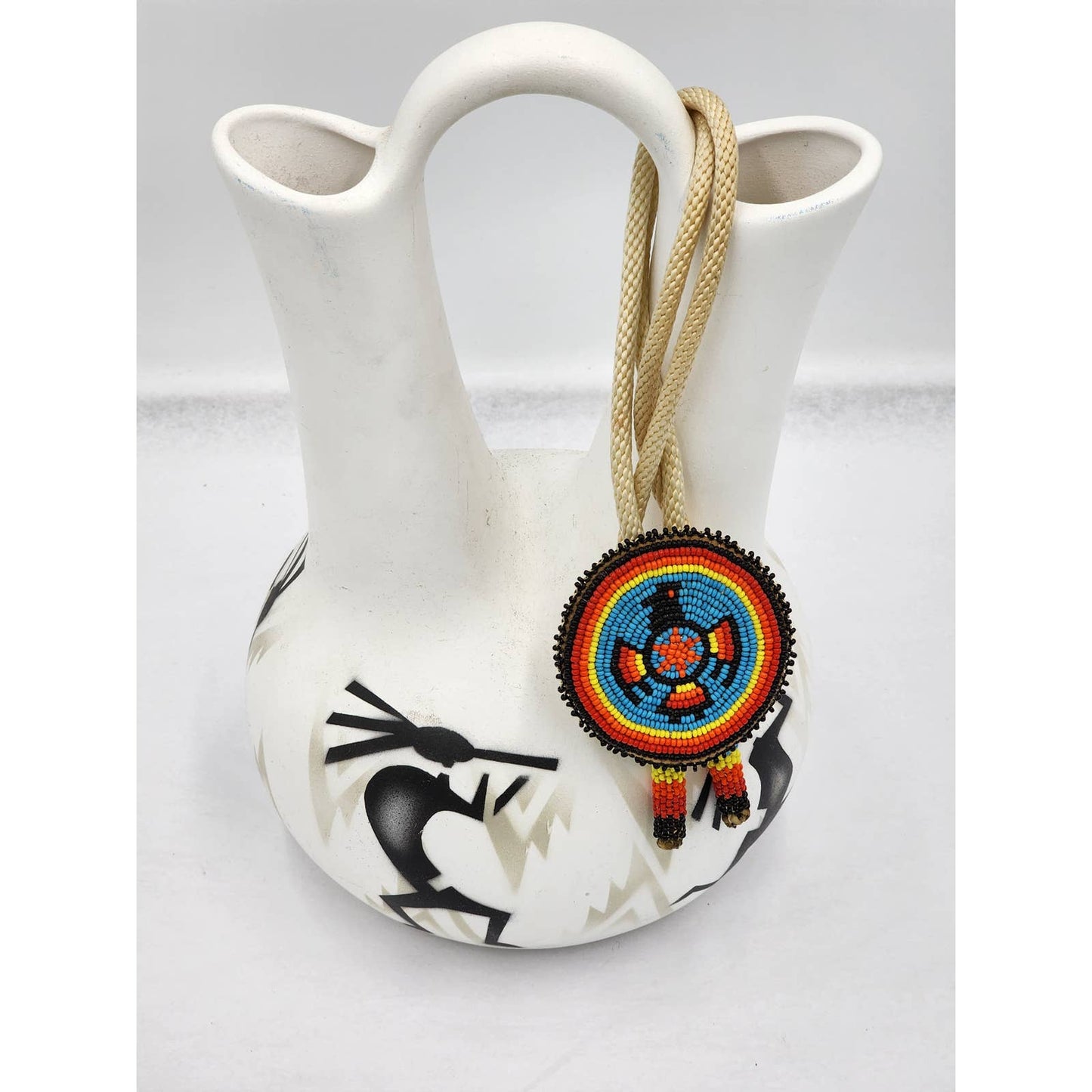 Vintage Native American Style Southwestern Pottery Kokopelli Wedding Vase Folk Art Rope Beaded Medallion Signed
