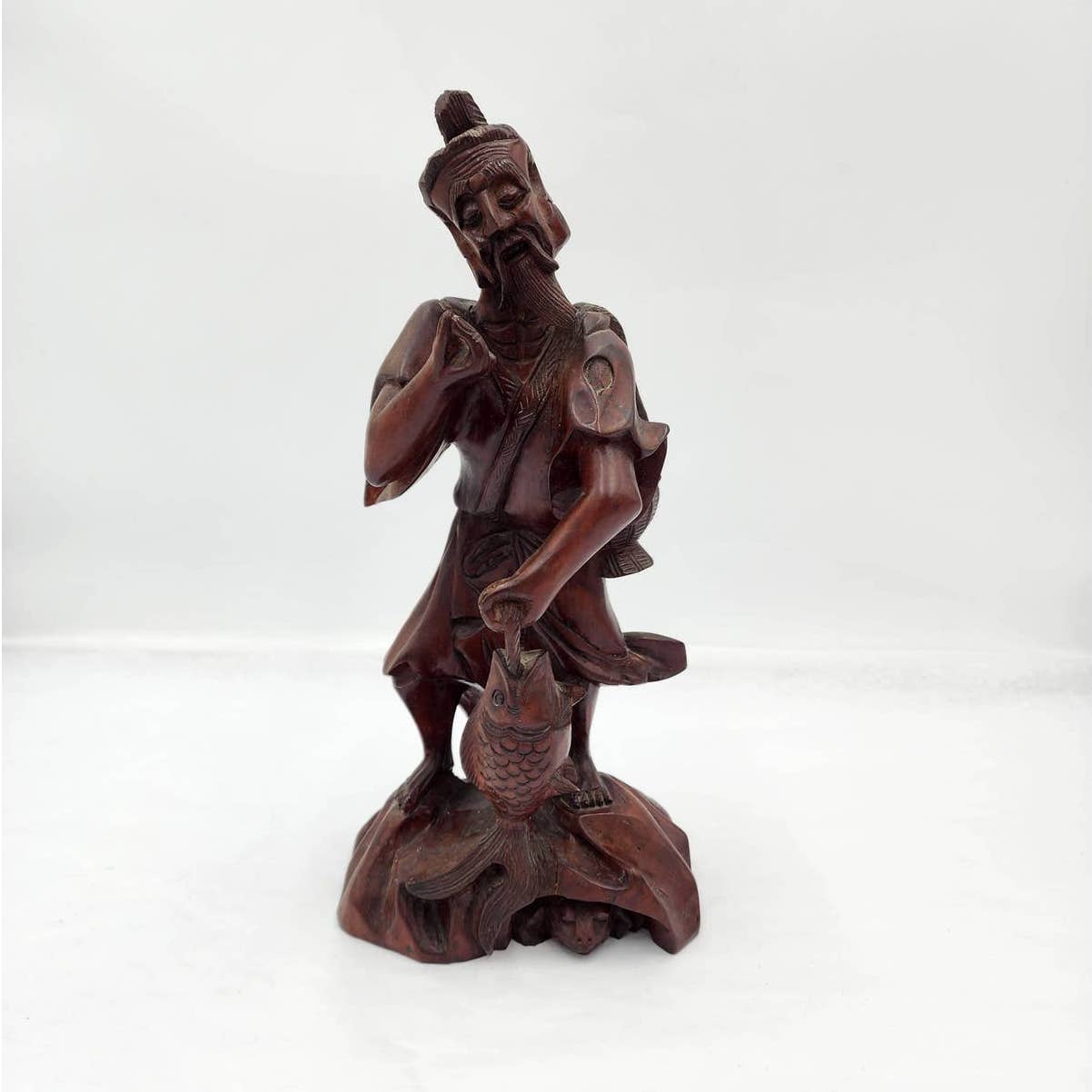 Vintage Asian Chinese Fisherman Hand Carved Wooden Sculpture Sage Elder Fish 12"