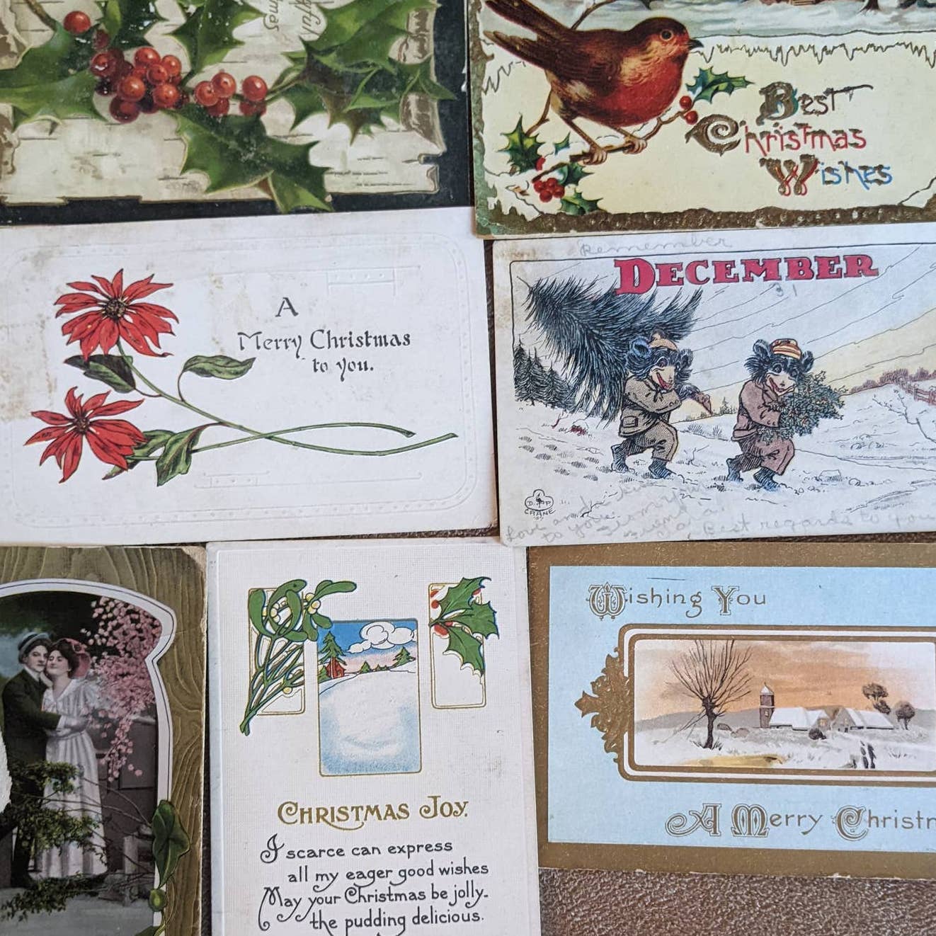 C1900-1915 Christmas Antique Postcard Set Of 7 Merry Christmas Wishes