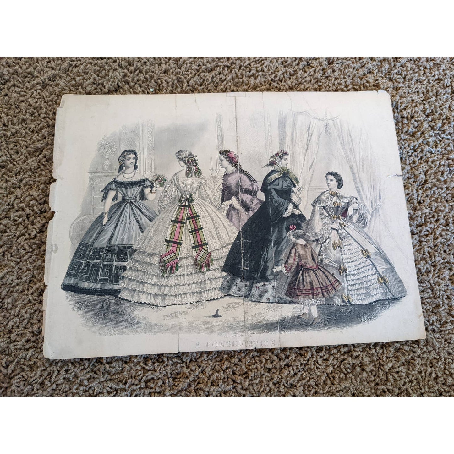 Antique Godey's Victorian Rare Hand Colored Fashion Plate Print A Consultation