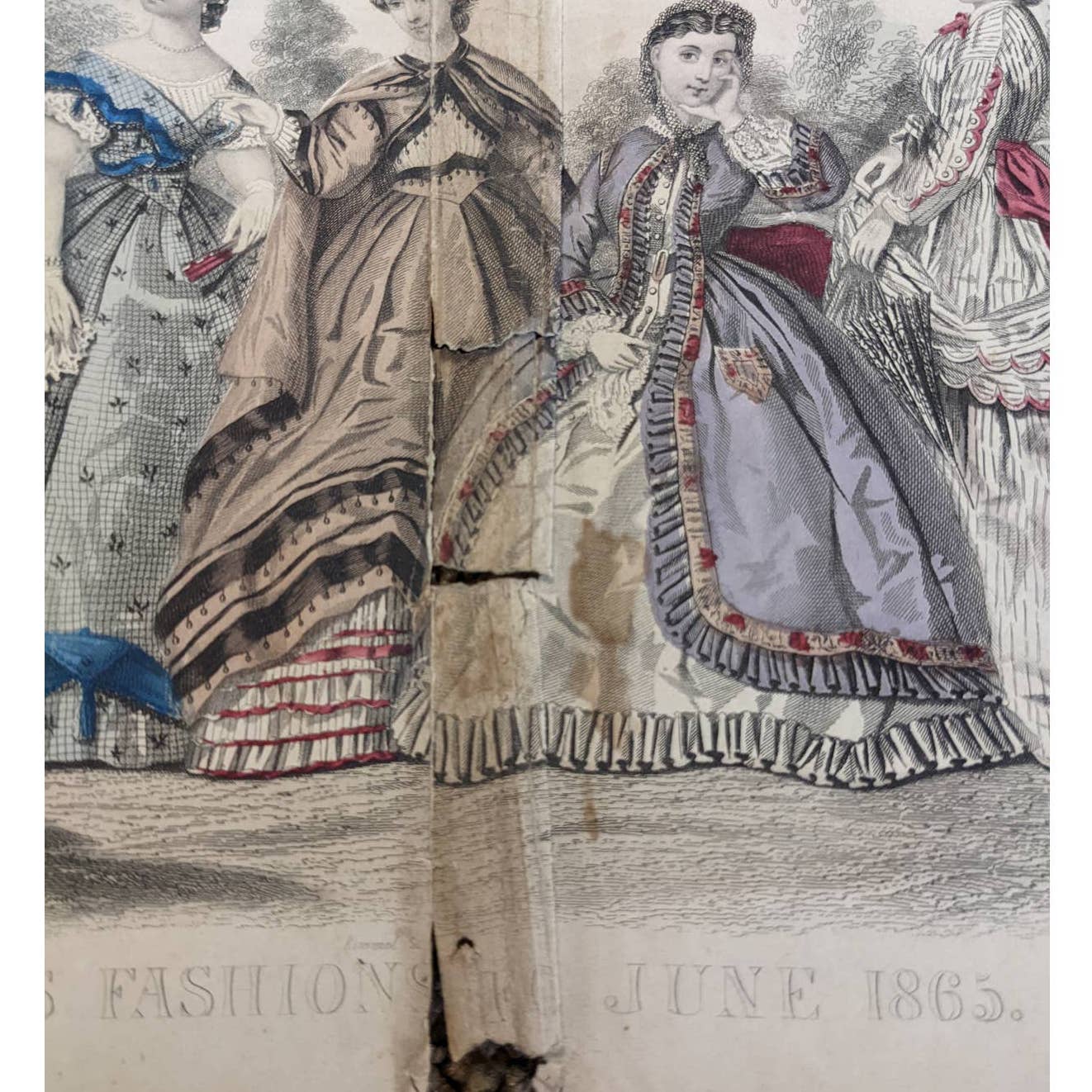 Antique Godey's Victorian Rare Hand Colored Fashion Book Plate Print June 1865