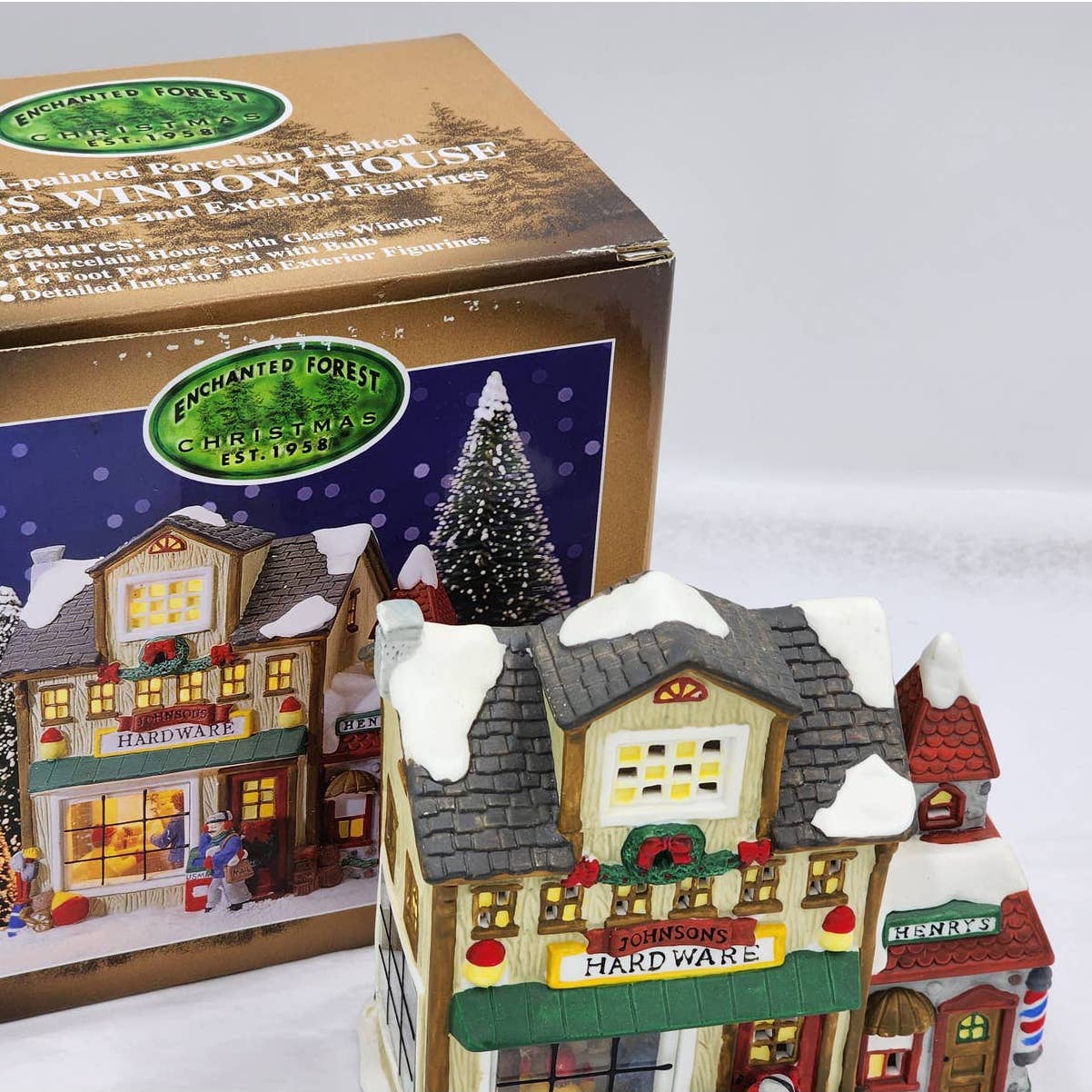 Christmas Village Enchanted Forest Porcelain Glass Window House Figurines Mail