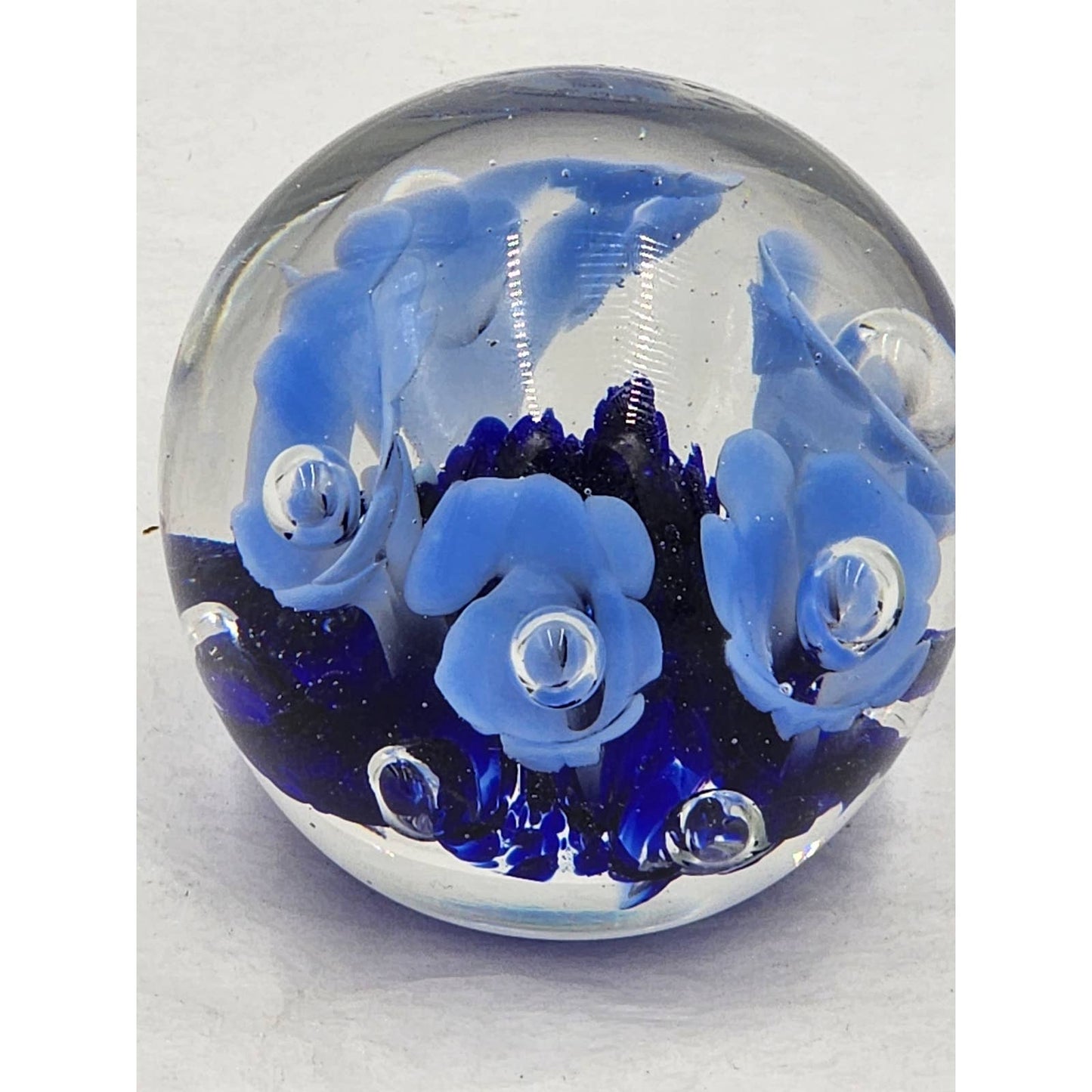 St Clair Paperweight Glass Vintage 1983 Art Glass Blue Floral Trumpet Flowers Signed Maude and Bob 3"