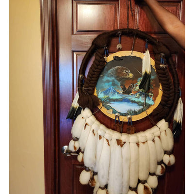 Large Native American Style Dream Catcher 47" Signed Feathers Wool Beaded Eagle