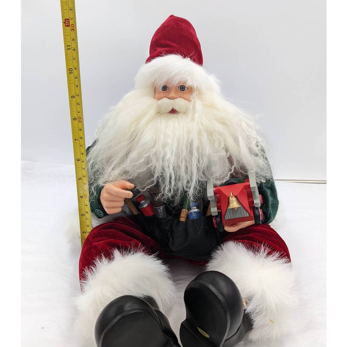 Vintage Seated Santa Claus Toymaker Wearing Tool Belt Christmas Decor 12"