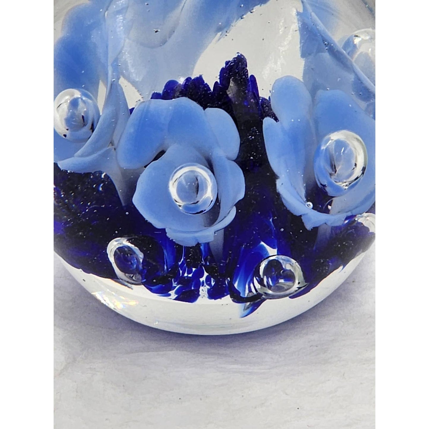 St Clair Paperweight Glass Vintage 1983 Art Glass Blue Floral Trumpet Flowers Signed Maude and Bob 3"