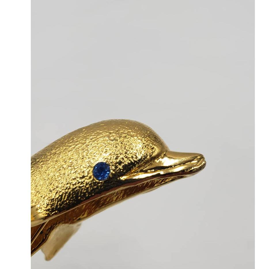 Vintage Large Dolphin Gold Jumping Sapphire Eyes Rhinestone Brooch and Whale Pin