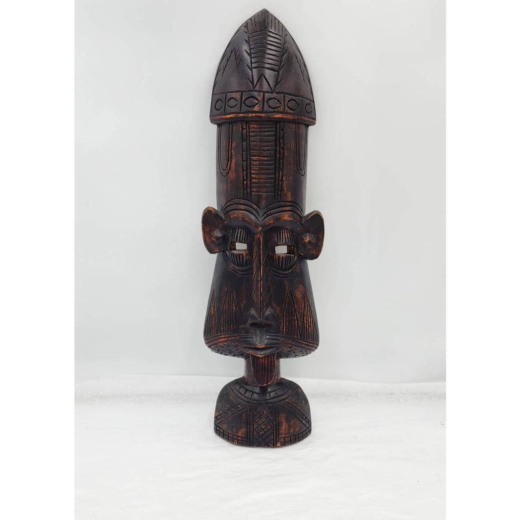 African Tribal Bearded Elder Hand Carved Wood Ghana Wall Hanging Sculpture 22"