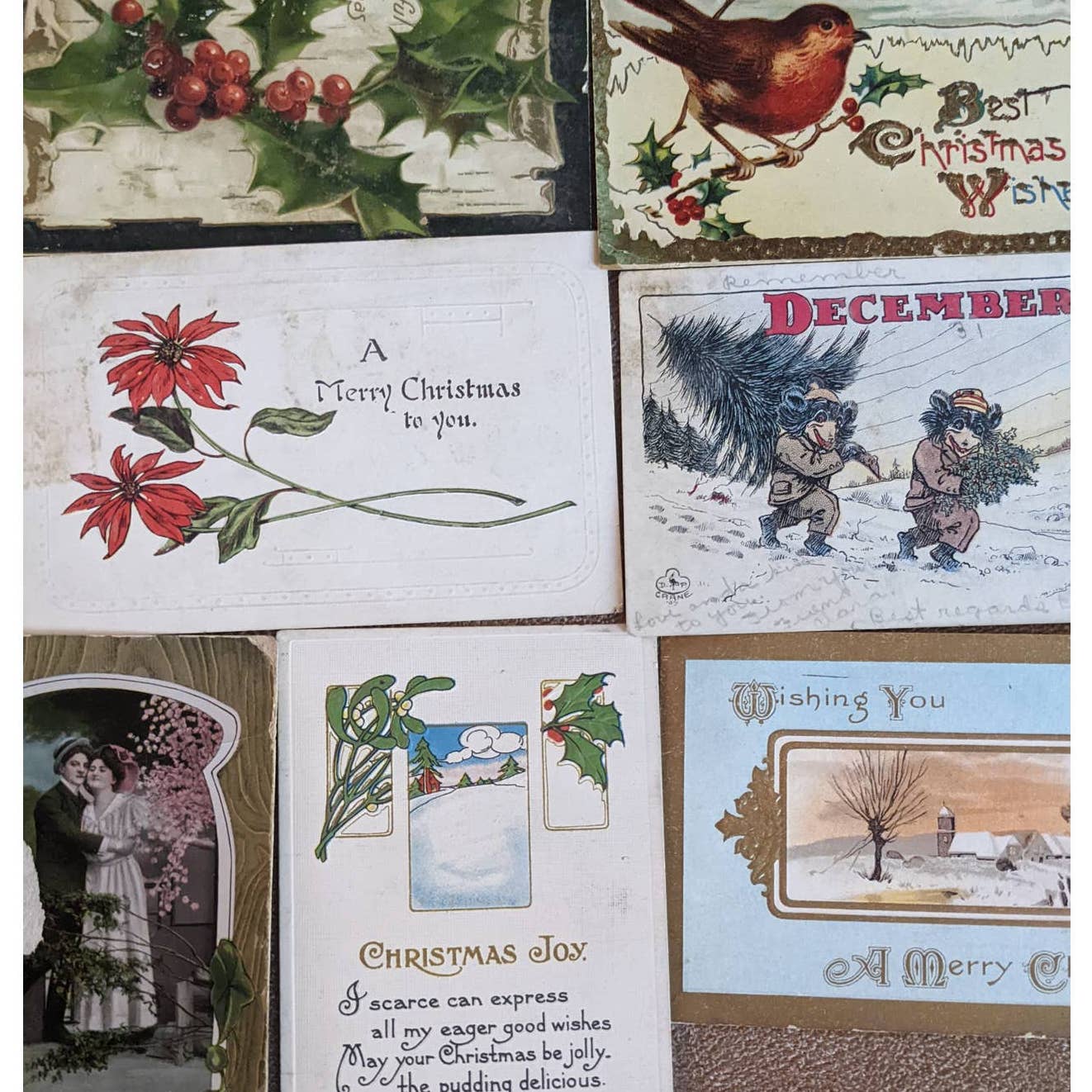 C1900-1915 Christmas Antique Postcard Set Of 7 Merry Christmas Wishes