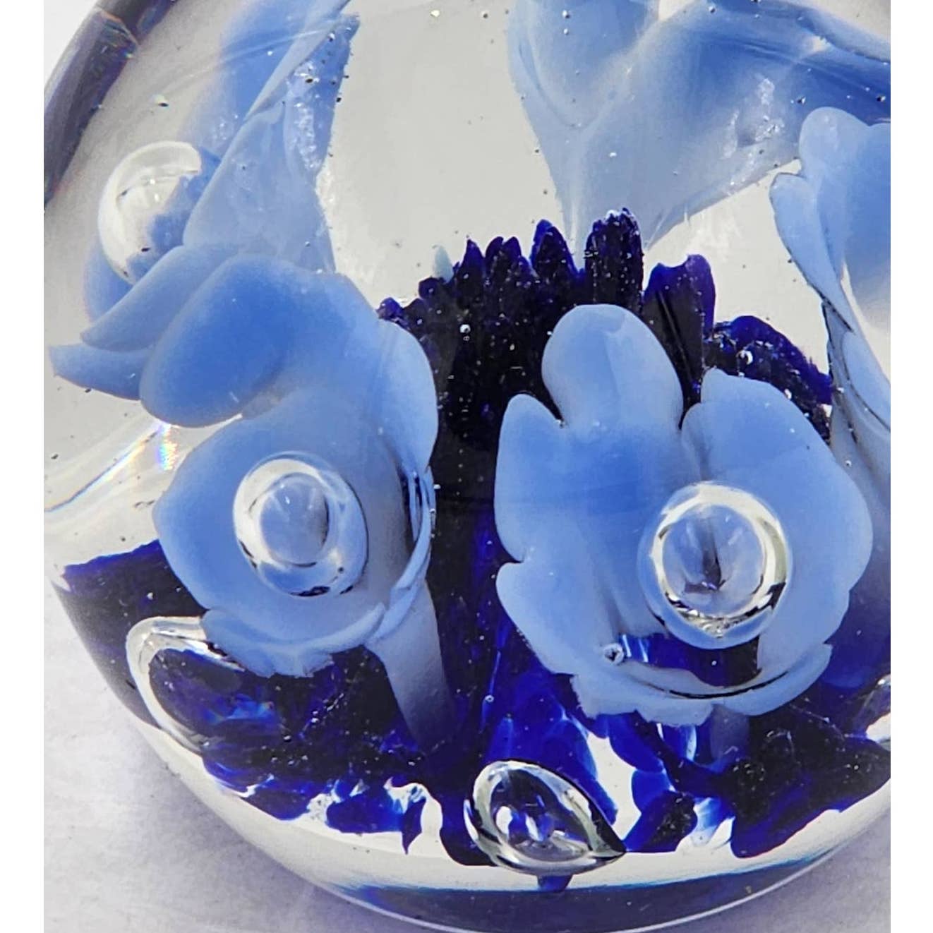 St Clair Paperweight Glass Vintage 1983 Art Glass Blue Floral Trumpet Flowers Signed Maude and Bob 3"