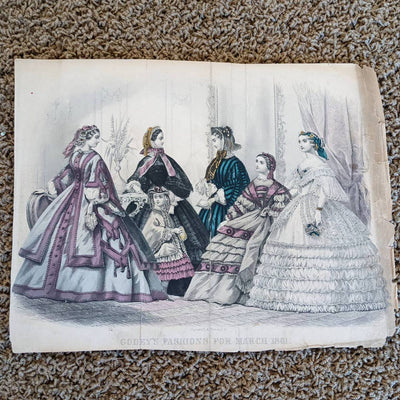 Antique Godey's Victorian Rare Hand Colored Fashion Book Plate Print March 1861