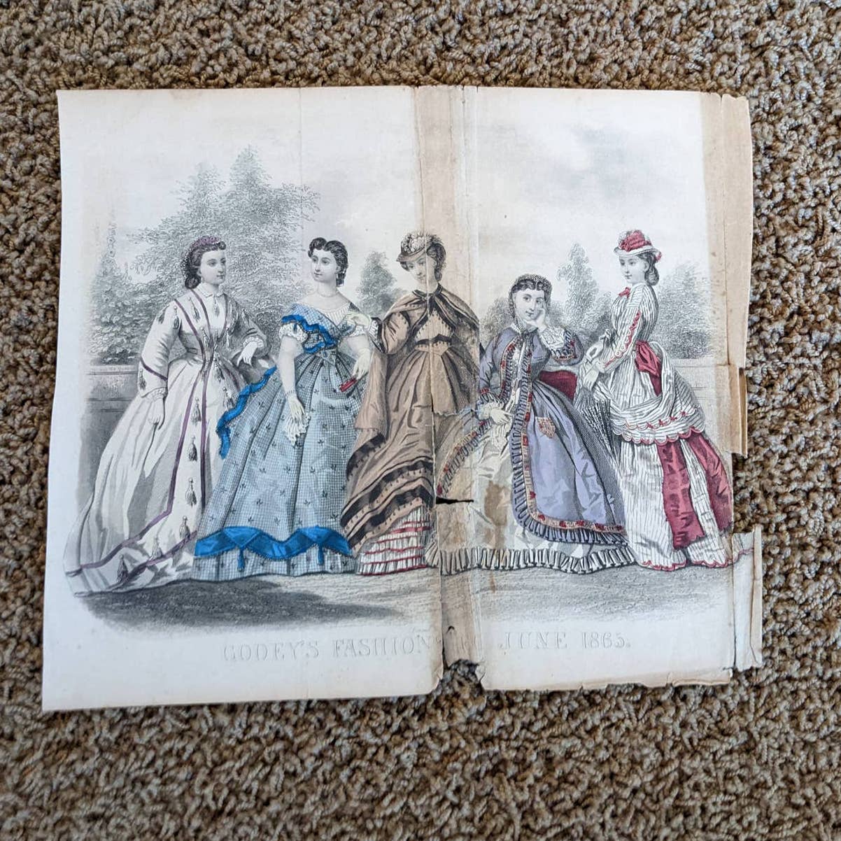 Antique Godey's Victorian Rare Hand Colored Fashion Book Plate Print June 1865