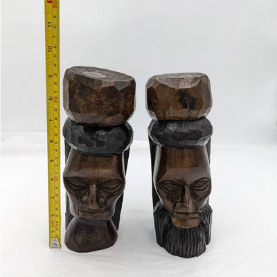 Vintage Jamaica Wooden Carved Bust Figurine Pair Female And Bearded Male 9" Tall