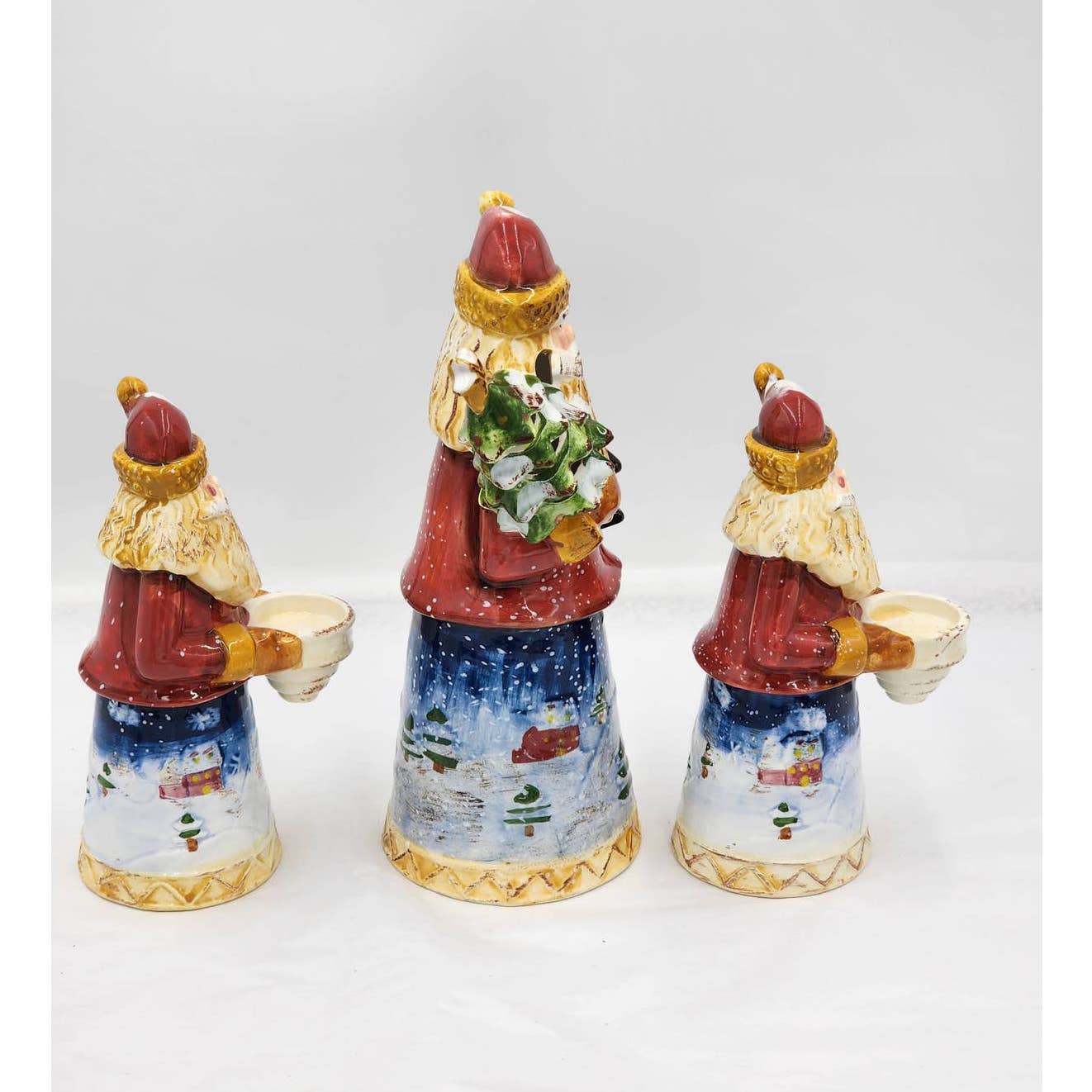 Santa Candle Holder Set Vintage Christmas Figurines Santa Holding Lantern Tree