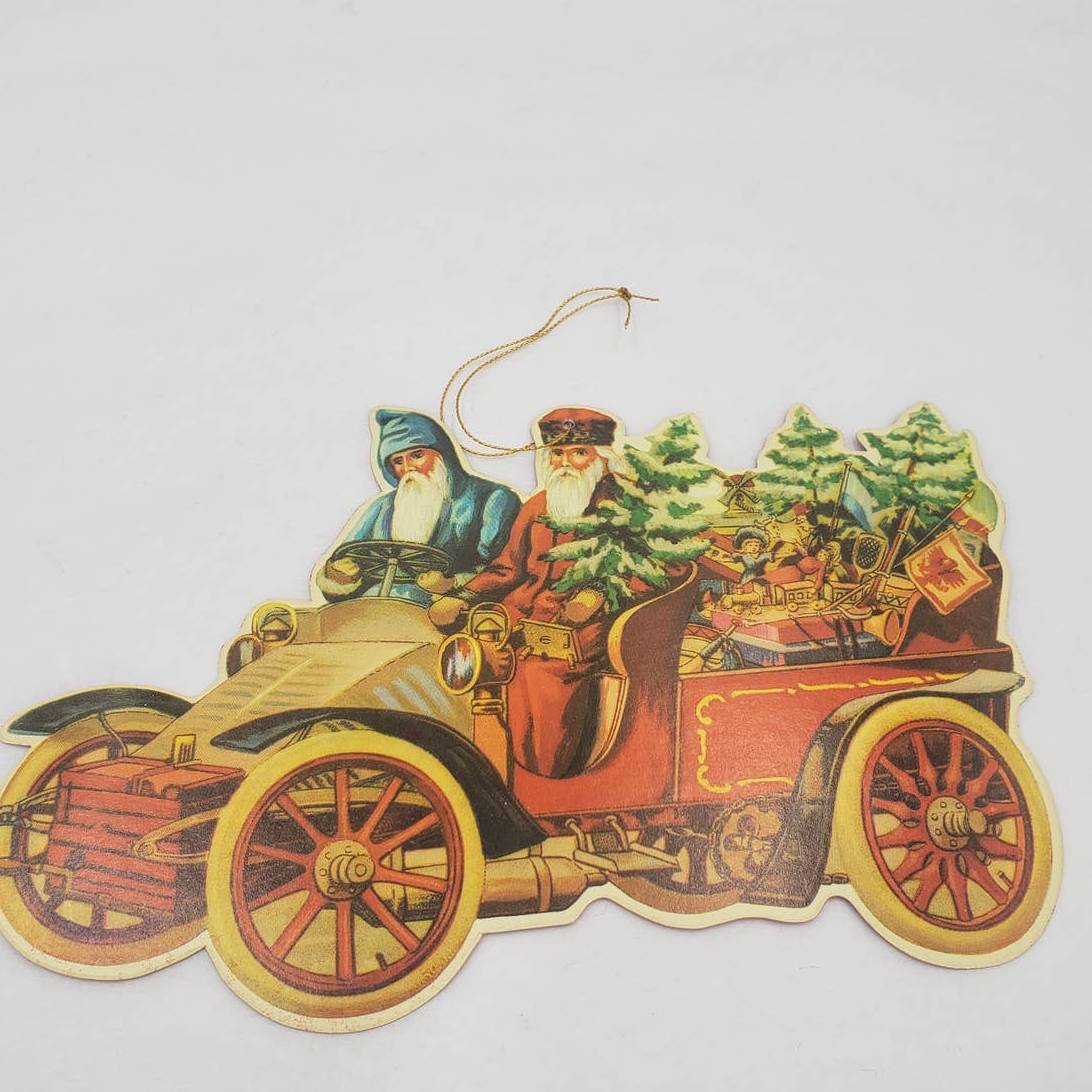 Vintage 1985 Merrimack Santa Vehicle Christmas Die Cut Hanging Card Ornament