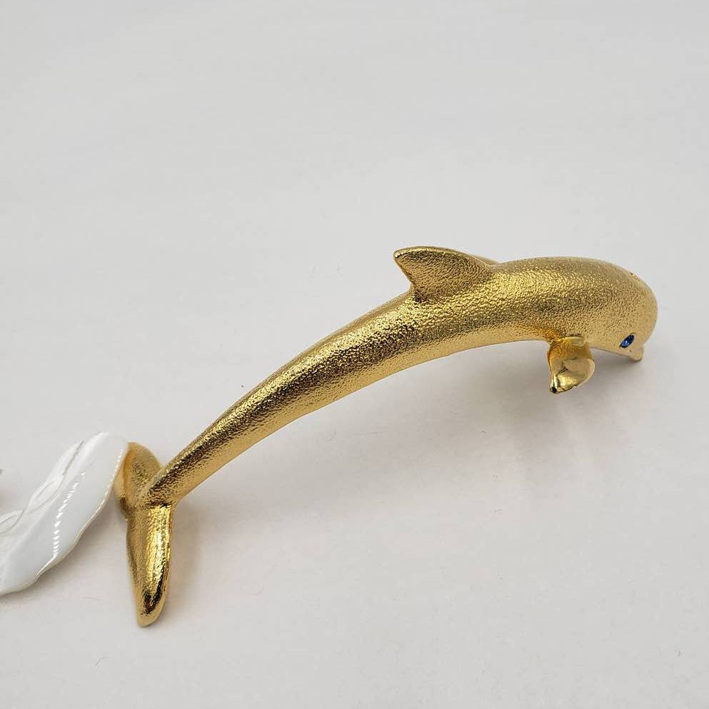 Vintage Large Dolphin Gold Jumping Sapphire Eyes Rhinestone Brooch and Whale Pin