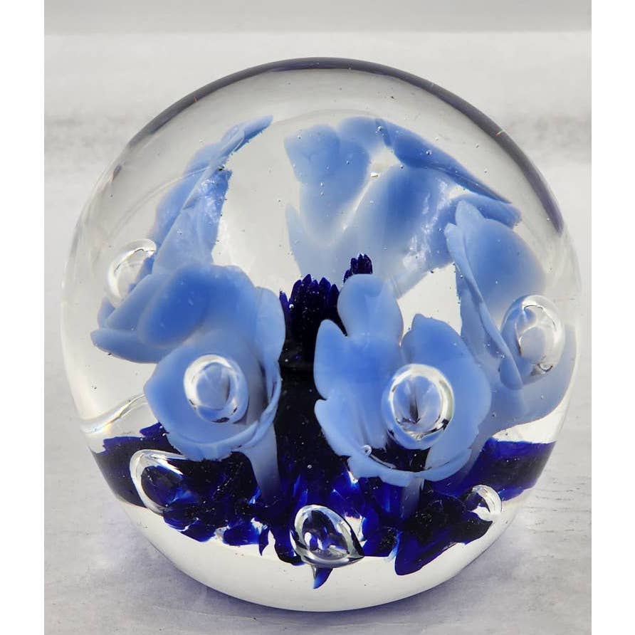 St Clair Paperweight Glass Vintage 1983 Art Glass Blue Floral Trumpet Flowers Signed Maude and Bob 3"