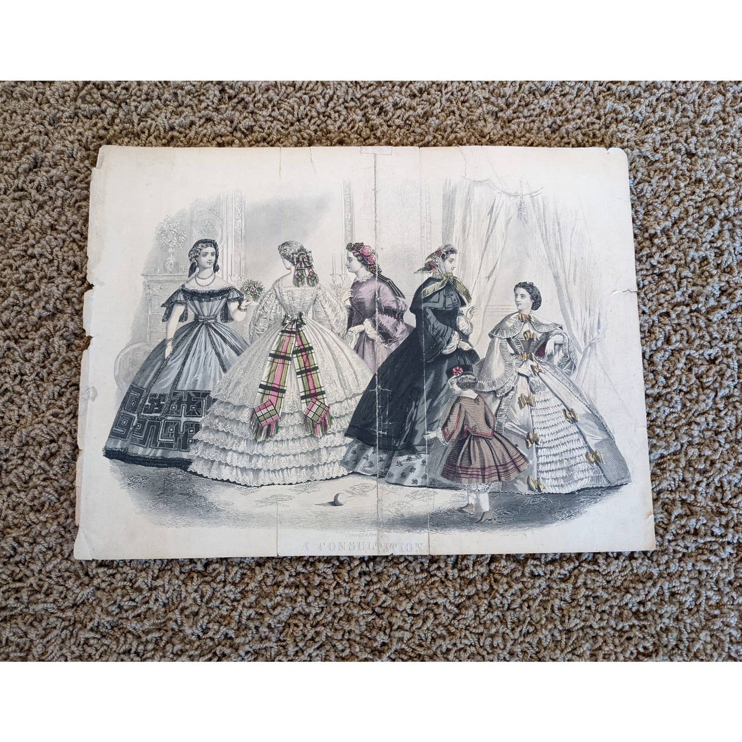 Antique Godey's Victorian Rare Hand Colored Fashion Plate Print A Consultation