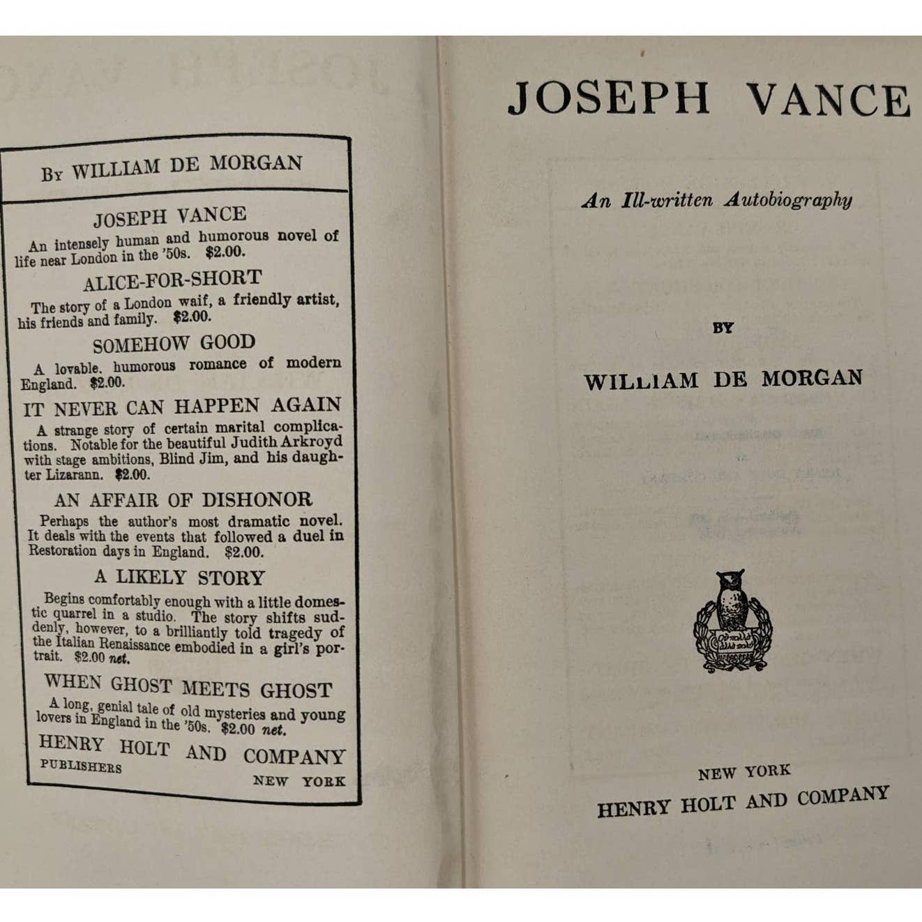 Joseph Vance All Ill-written Autobiography By William De Morgan Antiquarian 1922