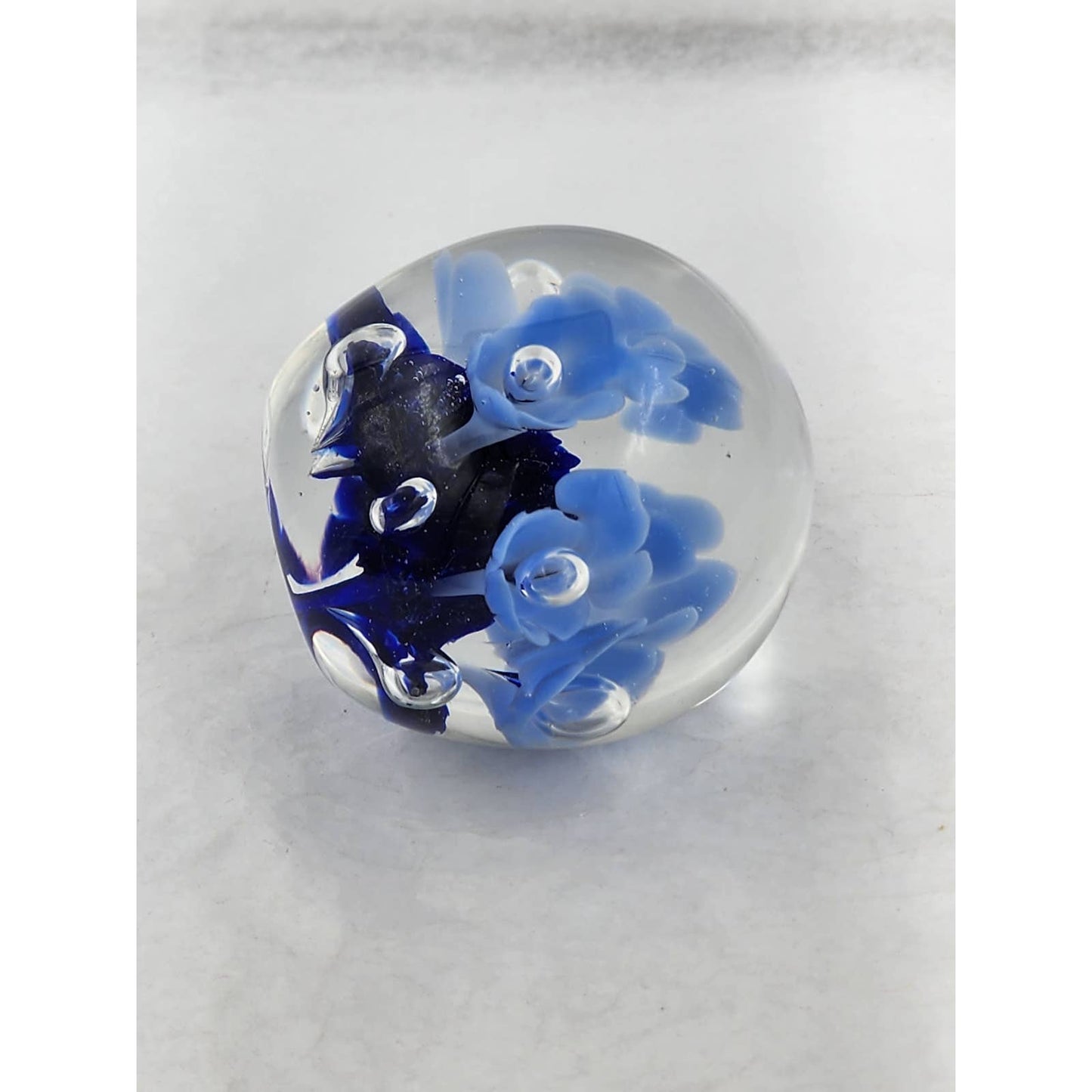 St Clair Paperweight Glass Vintage 1983 Art Glass Blue Floral Trumpet Flowers Signed Maude and Bob 3"